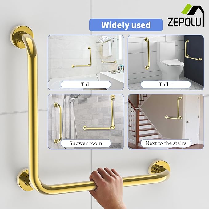 Polished Gold L-Shaped Grab Bar 16x16 Inch + Knurled Shower Grab Rail 20 Inch, Zepolu Stainless Steel Angled Toilet Safety Bar, Bathroom Mobility Aid Handrail, Balance Support Assist Bar for Senior