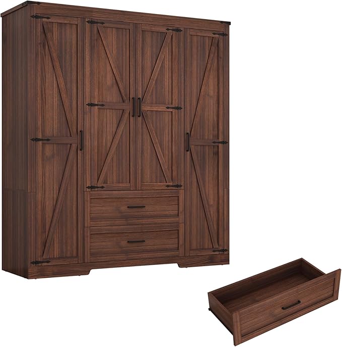 4 Doors Wardrobe Armoire Closet with Doors and Drawers, Farmhouse Wooden Armoire Storage Cabinet with Shelves & Hanging Rod for Bedroom, Brown