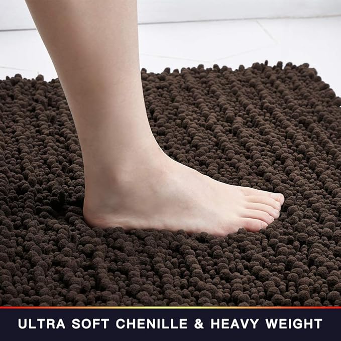 Walensee Bathroom Rug Non Slip Bath Mat (24x17 Inch Brown) Water Absorbent Super Soft Shaggy Chenille Machine Washable Dry Extra Thick Perfect Absorbant Best Small Plush Carpet for Shower Floor
