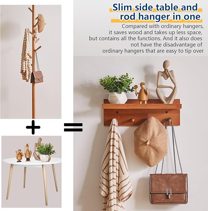 Wall Mounted Hook with Shelf,15.75in Entryway Wall Hanging Shelf, Solid Wood Coat Hooks, for Bathroom, Kitchen, Cherry Wood Color YD-WS0240C