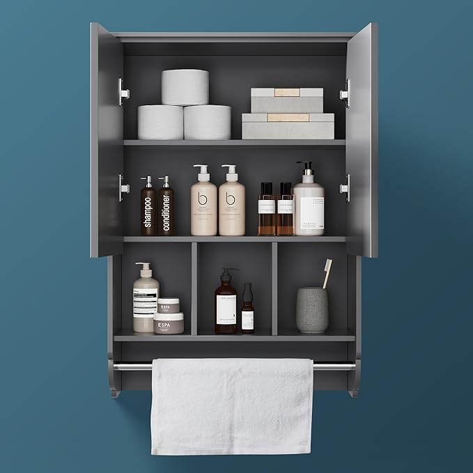 Bathroom Wall Cabinet with Towel Bar,Wooden Medicine Cabinet Adjustable Shelves,23x32 Inch Kitchen Cabinet,Over Toilet Storage Cabinet for Bathroom,Kitchen,Laundry