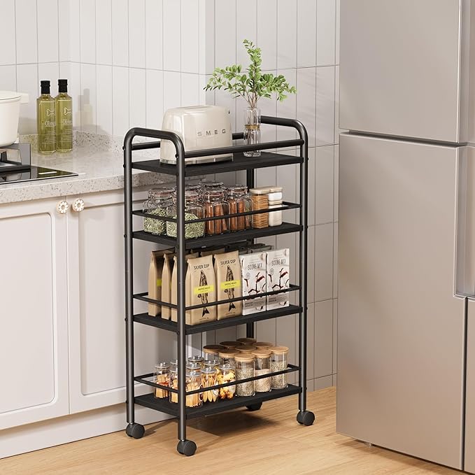 Slim Rolling Cart, 4-Tier Narrow Storage Cart with Handle, 9.1 Inches Deep, Bathroom Shelf for Small Spaces, Kitchen, Dining Room, Living Room, Laundry Room, Black