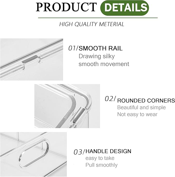 2 Pack Fridge Organizers and Storage with Pull out Drawer, Stackable Storage Drawer, Clear Refrigerator Organizers, BPA-Free for Kitchen Cabinet Pantry,3.14QT