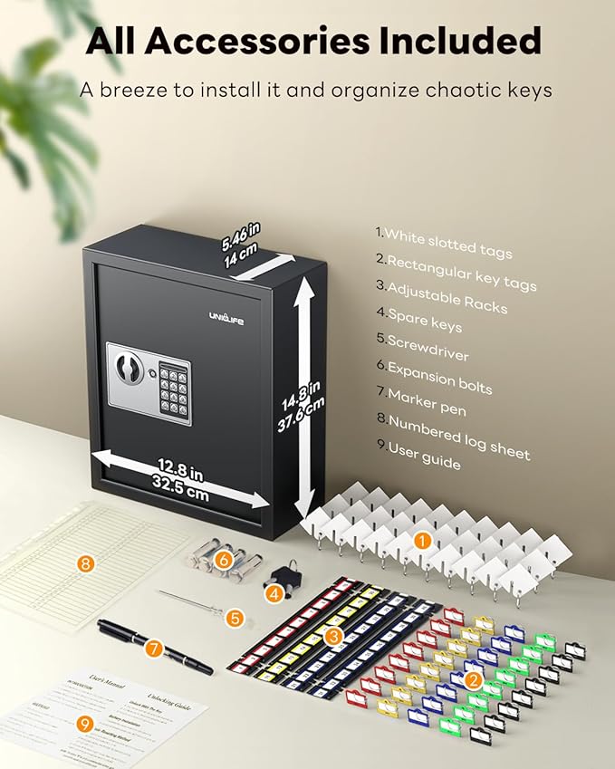 Uniclife 70 Position Key Cabinet with Combination & Key Lock Wall Mounted Security Keys Safe Key Organizer Black Digital with Keypad Adjustable Racks Key Tags & Permanent Pen (Batteries Not Included)