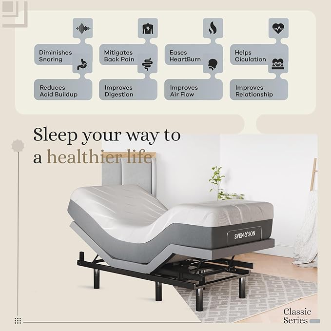 Sven & Son Classic Adjustable Bed Base, Head and Foot Lift, Massage, Under-Bed Lights, USB, Gel Memory, Zero Gravity Smart Frame - Twin XL + 14 inch Hybrid Spring Matt (Medium Soft)