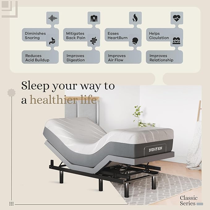 Sven & Son Classic Adjustable Bed Base, Head and Foot Lift, Massage, Under-Bed Lights, USB, Gel Memory, Zero Gravity Smart Frame - Twin XL + 12 inch Memory Foam Matt (Medium)