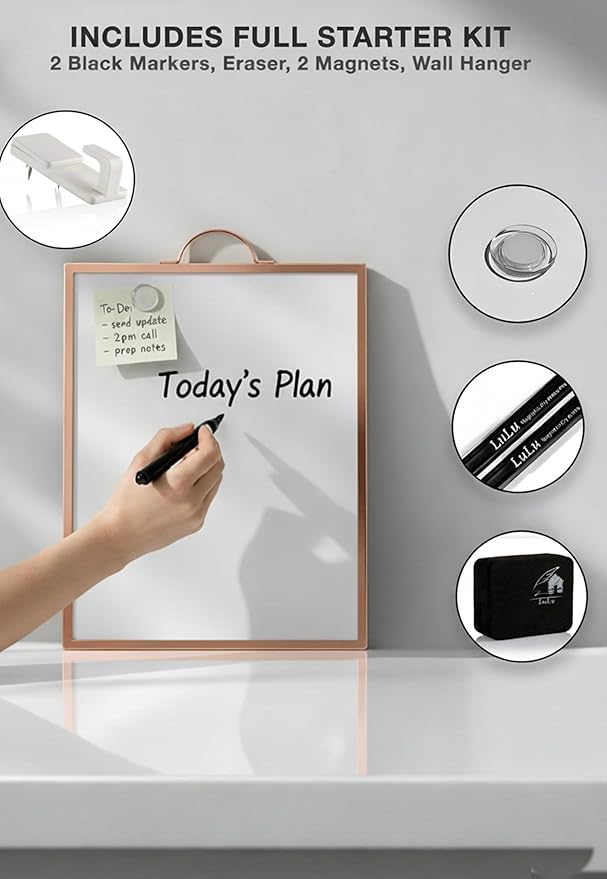 Small Whiteboard 12 x 16 Inch Magnetic Dry Erase Board with Handle | Rose Gold Aluminum Frame | Double-Sided Portable Board for Home, Office, Reception, Events | 2 Markers, Eraser & 2 Magnets