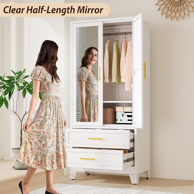 Metal Wardrobe Storage Cabinet with Mirror and Hanging Rod,71'' Metal Clothing Cabinet with 2 Doors and 2 Drawers and Adjustable Shelves for Bedroom, Laundry Room, Cloak Room (White)