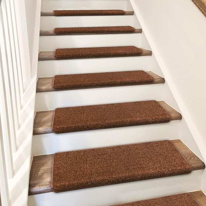PURE ERA Bullnose Carpet Stair Treads Set Tape Free Non-Slip Indoor Stair Protectors Pet Friendly Rugs Covers Soft Skid Resistant Washable Reusable 9.5" x 30"(7 Pieces,Brown)