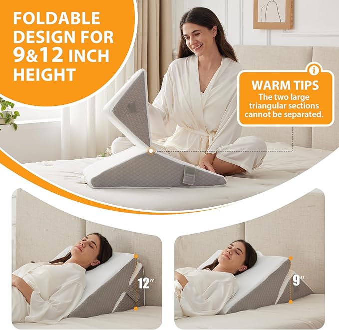 Bed Wedge Pillow for Sleeping, 9&12 Inch Adjustable Wedge Pillow Set for After Surgery, Triangle Pillow for Back Pain Relief, Leg Support, Acid Reflux, Gerd, White/Grey