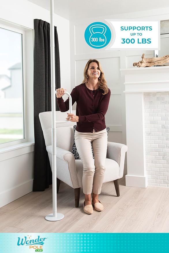 Stander Wonder Pole Lite, Adjustable Floor to Ceiling Safety Grab Bar with Security Support Handle for Fall Prevention, Tension Mounted Transfer-Pole for Adults, Seniors, and Elderly, White