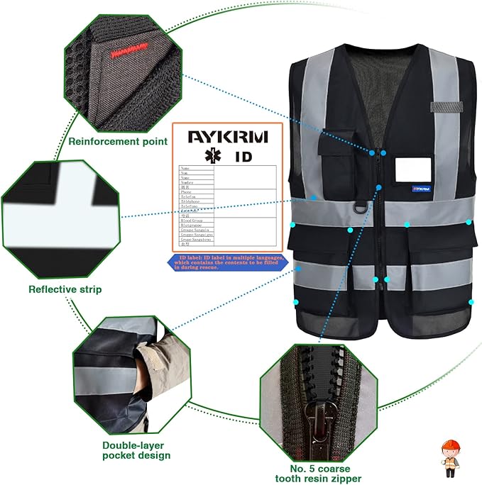 A-SAFETY 7 Pockets Hi Viz Zipper Front Working Safety Vest with Reflective Strips, Multiple Colors Available, Black S