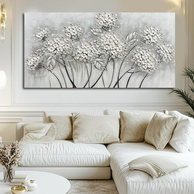 SOUGUAN Plant Wall Paintings White Floral Canvas Wall Art for Living Room Hand Painted Artwork Poster Botanical Picture Wall Decor for Home Office Decor 24x48 Inch