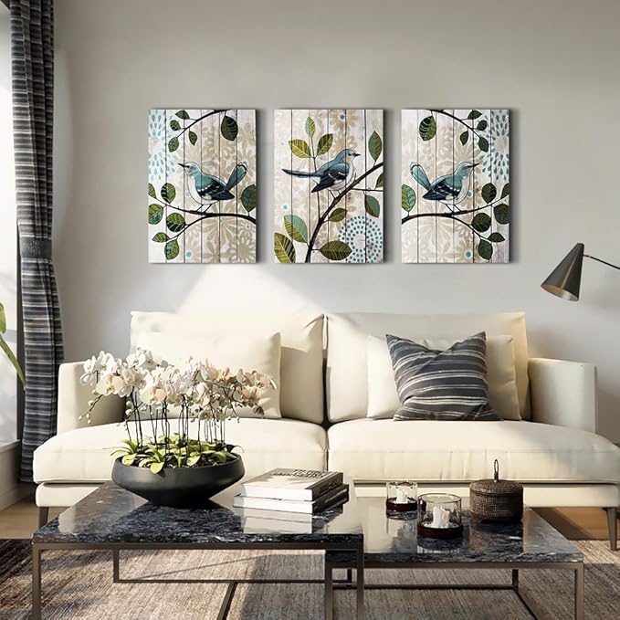 Bird On The Branch 3 Piece Abstract Canvas Wall Art For Living Room Wall Decor For Bedroom Kitchen Decorations Abstract Posters Canvas Prints Artwork Modern Framed Bathroom Home Decoration 16" X 24"