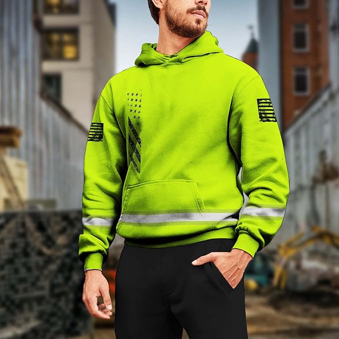 US Flag High Visibility Hoodie for Men Reflective Hoodie Safety Workwear for Worker Runner Patriotic ACC02