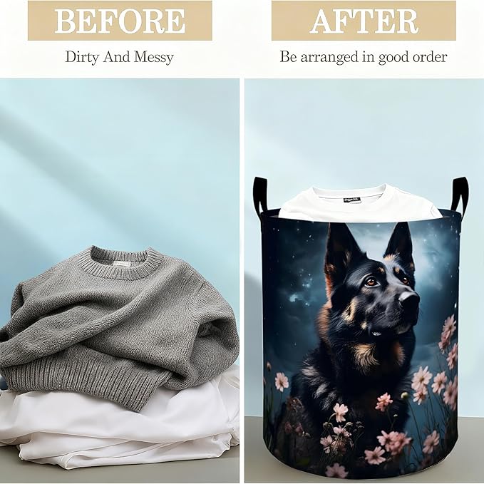 German Shepherd Laundry Basket Hamper for Boys Girls Kids Adults, Foldable Waterproof Oxford Clothes Storage Bin, Dog Organizer for Bedroom Bathroom Room Decor 19.7"x15.8"