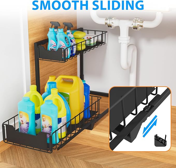 2 Pack Under Sink Organizer, Under Sink Organizers and Storage, Smooth & Silent Sliding Out Metal Drawer for Kitchen Bathroom Pantry Cabinet Closet Black（L-2PC）