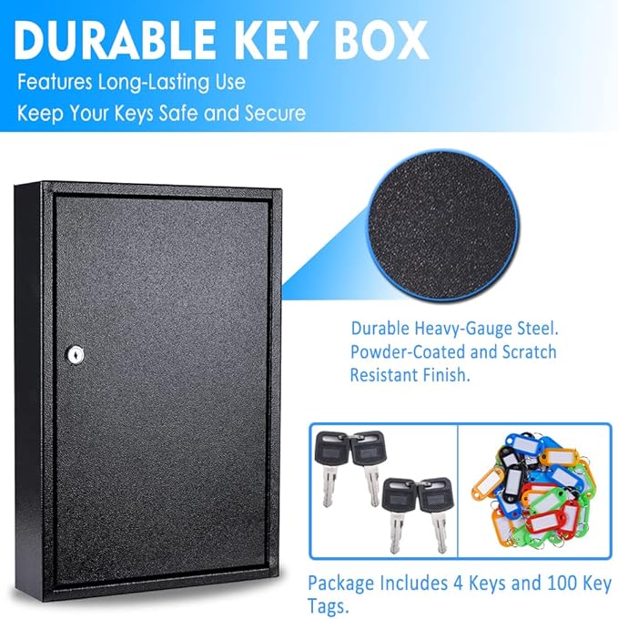 UMEKEN Metal Valet Key Cabinet - 100 Position Car Key Lock Box with Key Tags, Vehicle Organizer Safe Storage Locker, Black, 14.96" x 3.15" x 21.65"