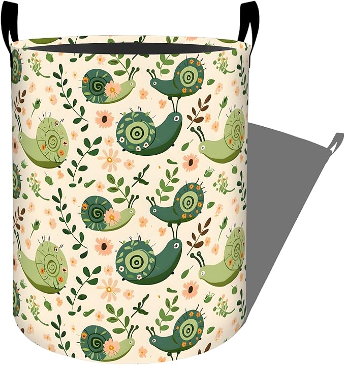 Whimsical Green Snails with Flowers Laundry Basket, Dorm Nursery Foldable Laundry Hamper Organizer for Bathroom Decor, Toy Clothes Storage Box for Bedroom 19.7x15.7 Inch