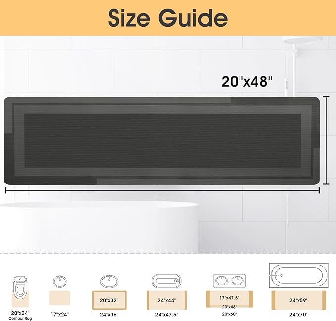 Ultra Thin Bath Mat, Upgrade Backing Non Slip Thin Bath Mats Fit Under Door, Quick Dry Ultra Absorbent Bathroom Rugs, Machine Washable Bath Rugs for Bathroom, Bathtub & Kitchen, Grey/Bordered/48"x20"