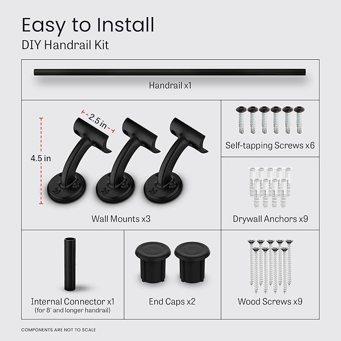 Meranti Aluminum Handrail for Indoor or Outdoor Steps and Stairs – Hand Rails for Elderly – DIY Complete Stair Railing Kit (AHR, Black Textured, 8' Length)