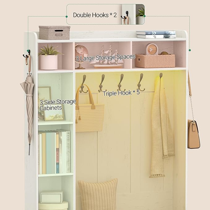 47.2" Hall Tree, LED Farmhouse Entryway Storage and Coat Rack Wood, Entryway Furniture with 7 Hooks, Hall Tree with Bench and Storage, 6 Storages Partitions Shoe Bench, Rustic White HT24614X