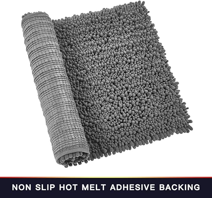 Walensee Bathroom Rug 2 Pieces Set Non Slip Bath Mat (17x24 Plus 20x32 Inch Grey/Gray) Water Absorbent Super Soft Shaggy Chenille Machine Washable Dry Extra Thick Perfect Carpet for Shower Floor