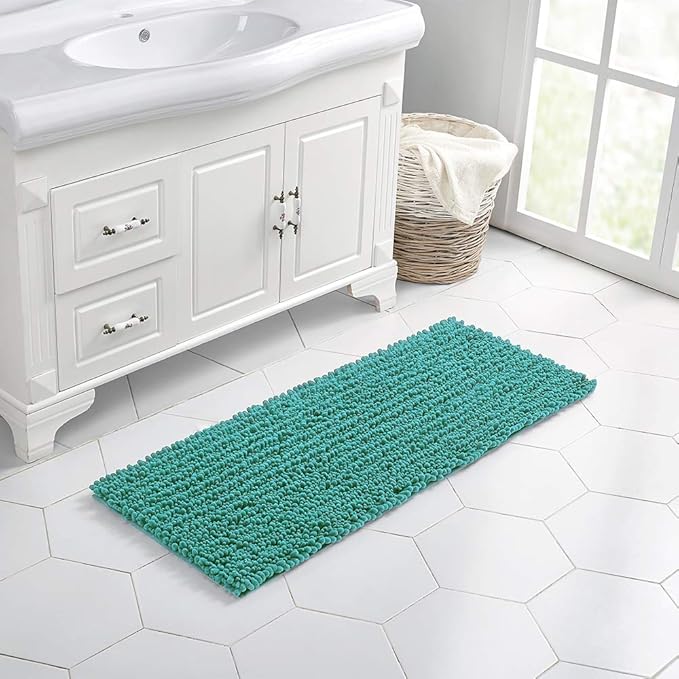 Walensee Large Bathroom Rug Non Slip Bath Mat (24x60 Inch Turquoise) Water Absorbent Super Soft Shaggy Chenille Machine Washable Dry Extra Thick Perfect Absorbant Best Plush Carpet for Shower Floor