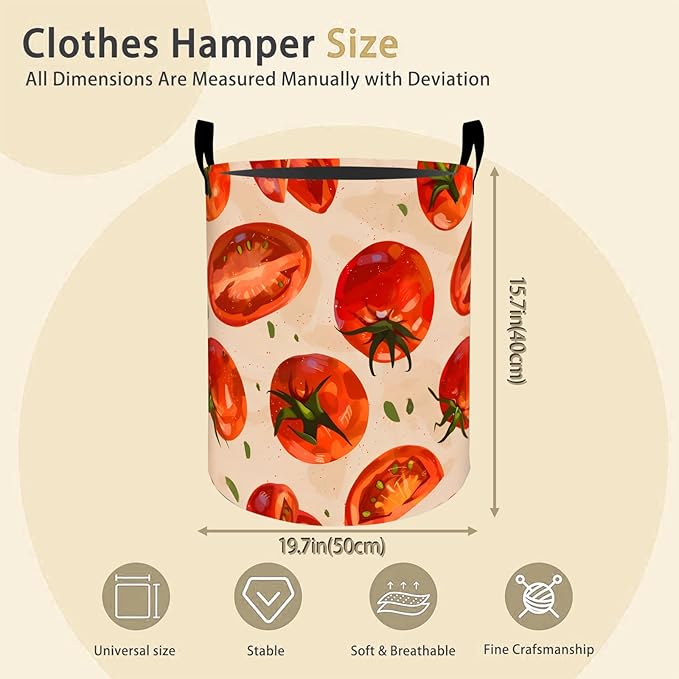 Tomato Pattern Laundry Basket Hamper for Boys Girls Kids Adults, Foldable Waterproof Oxford Clothes Storage Bin, Fresh Food Vegetable Organizer for Bedroom Bathroom Room Decor 19.7"x15.8"