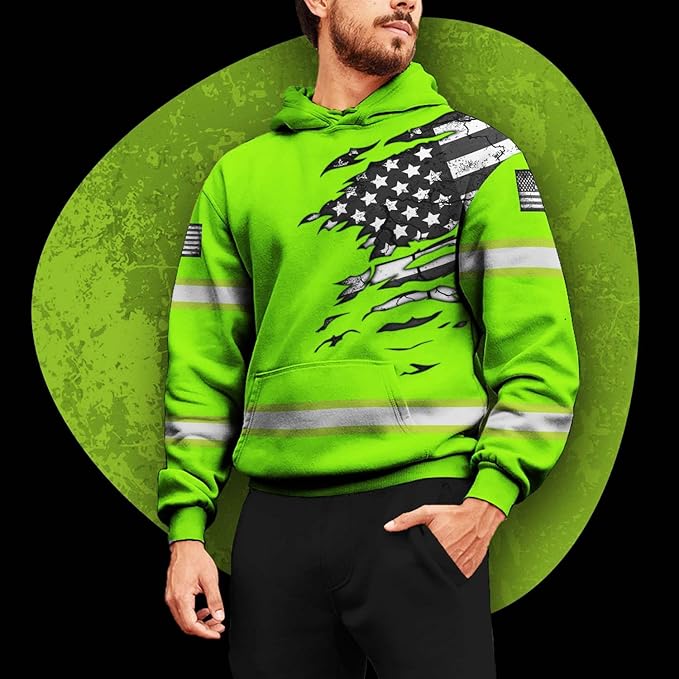 US Flag High Visibility Hoodie for Men Reflective Hoodie Safety Workwear for Worker Runner Patriotic ACC02