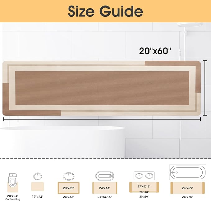 ACCUMTEK Ultra Thin Bath Mat, Upgrade Backing Non Slip Thin Bath Mats Fit Under Door, Quick Dry Ultra Absorbent Bathroom Rugs, Machine Washable Bath Rugs for Bathroom, Bathtub, Taupe/Bordered/59 x20