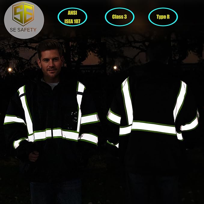 sesafety Reflective Jacket for Men, High Visibility Jackets, Safety Jackets for Men, Hi Vis Construction Bomber Jackets Waterproof with Pockets and Zipper, Black Bottom, Class 3