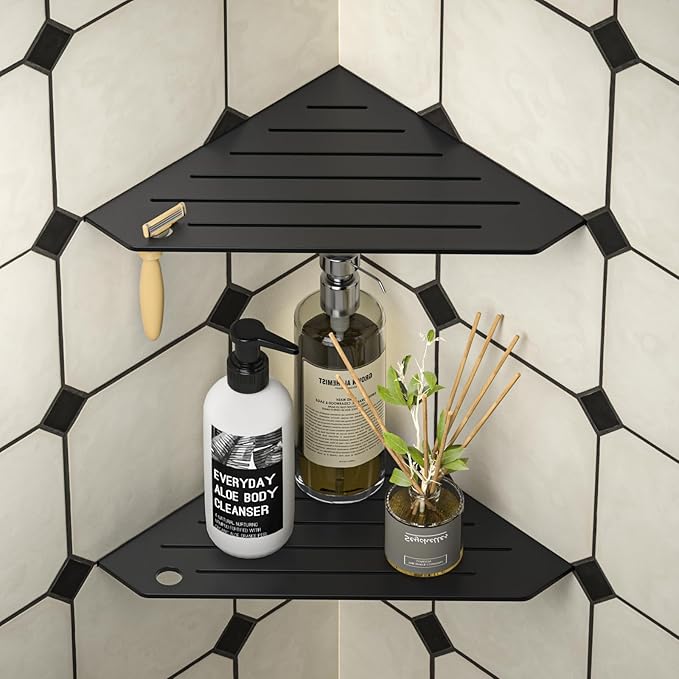 Corner Shower Shelves, Pentagonal Grout in Shelf w/Razor Holding Hole, 304 Stainless Steel Bathroom Shelf (Matte Black)