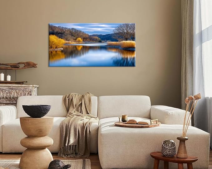 Beautiful Yellow Forest Park Wall Art for Living Room Office Calm Lake Blue Painting Prints Nature Autumn Canvas Artwork Over The Couch Bedroom Decor Extra Large