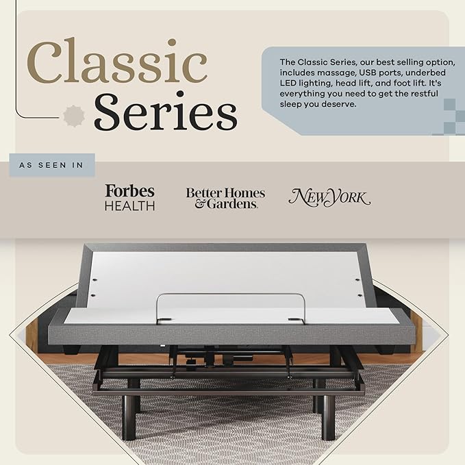 Sven & Son Classic Adjustable Bed Base, Head and Foot Lift, Massage, Under-Bed Lights, USB, Gel Memory, Zero Gravity Smart Frame - Queen