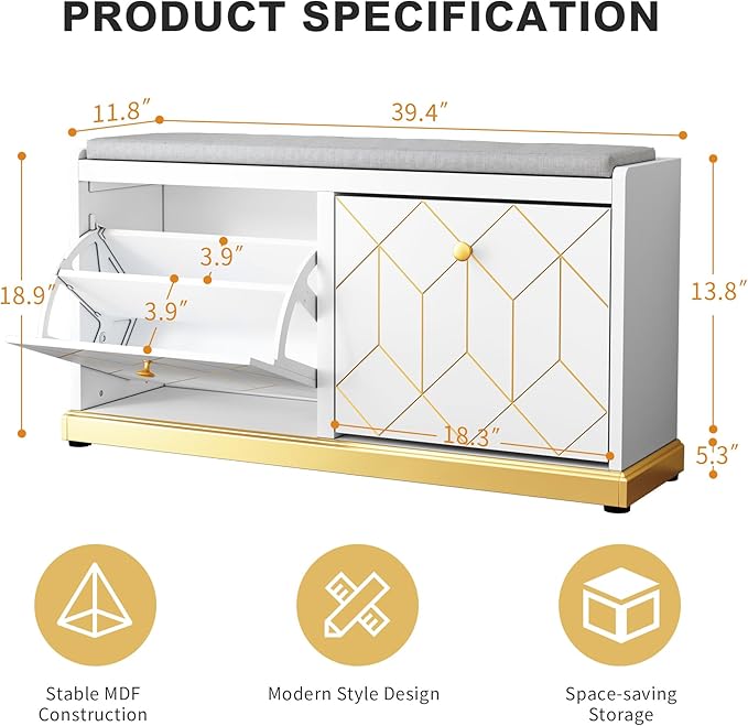 HLR Shoe Bench with Storage, Modern Entryway Bench with 2 Flip Drawer & Padded Cushion Seat, Shoes Storage Bench for Hallway, Closet, Living Room, White Shoe Storage Cabinet with Bench