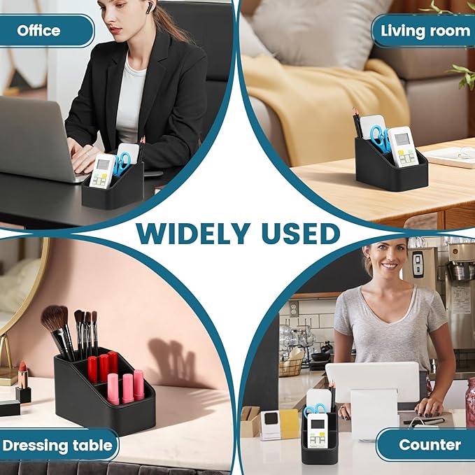 PU Remote Control Holder, Small Desk Organizer Office Supply Bedside Caddy for Nightstand End Table Remote Organizer with 3/4 Compartment (Black)(3 grids)