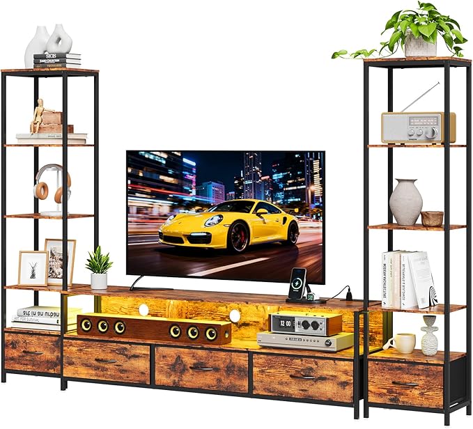 Entertainment Center with Storage, TV Stand for TVs Up to 70", with 5-Tier Bookshelf, 5 Fabric Drawers & Power Outlet, Modern LED TV Console Table, Media Center for Living Room Bedroom Home Office