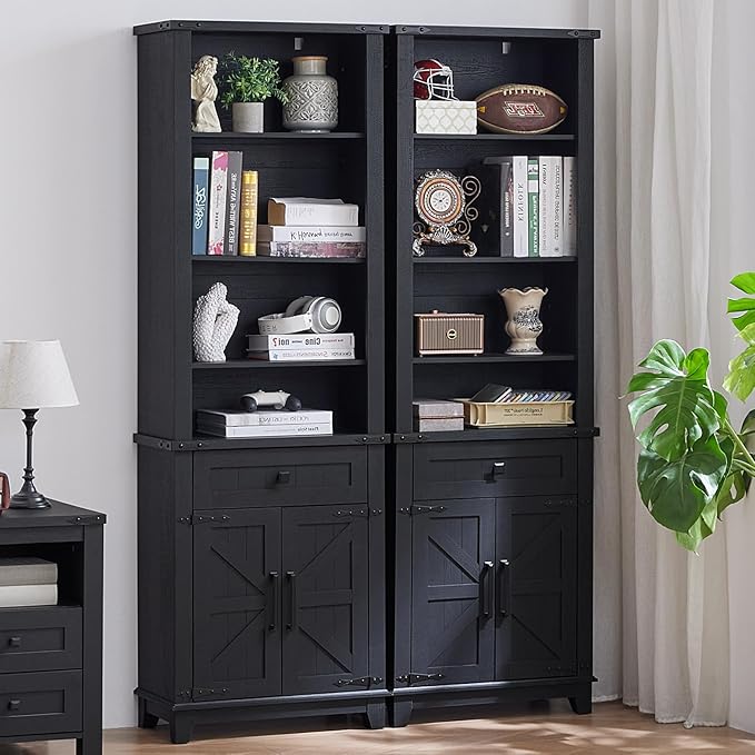 72in Tall Bookshelf 7 Tier Bookcase with Drawer and Barn Doors and Adjustable Shelves, Black Farmhouse Book Shelf with Storage Cabinet, Wood Freestanding Display Bookshelves for Kitchen (2PCS)
