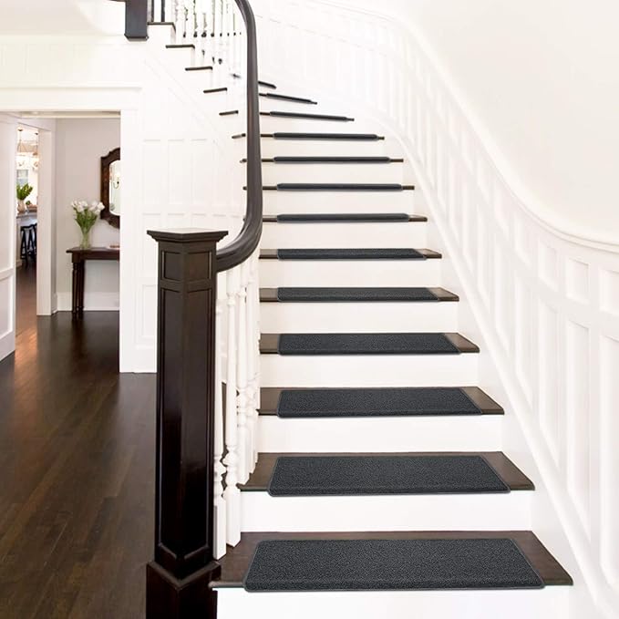 PURE ERA Bullnose Carpet Stair Treads Set Tape Free Non-Slip Indoor Stair Protectors Pet Friendly Rugs Covers Soft Skid Resistant Washable Reusable 9.5" x 30"(7 Pieces,Black)