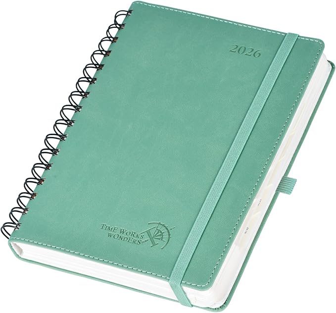 POPRUN 2026 Daily Planner One Page per Day (Medium 6'' x 8.5'') - 12 Months Calendar Appointment Book with Hourly Slots, Inner Pocket, Monthly Tabs, Pen Holder - Midnight Green