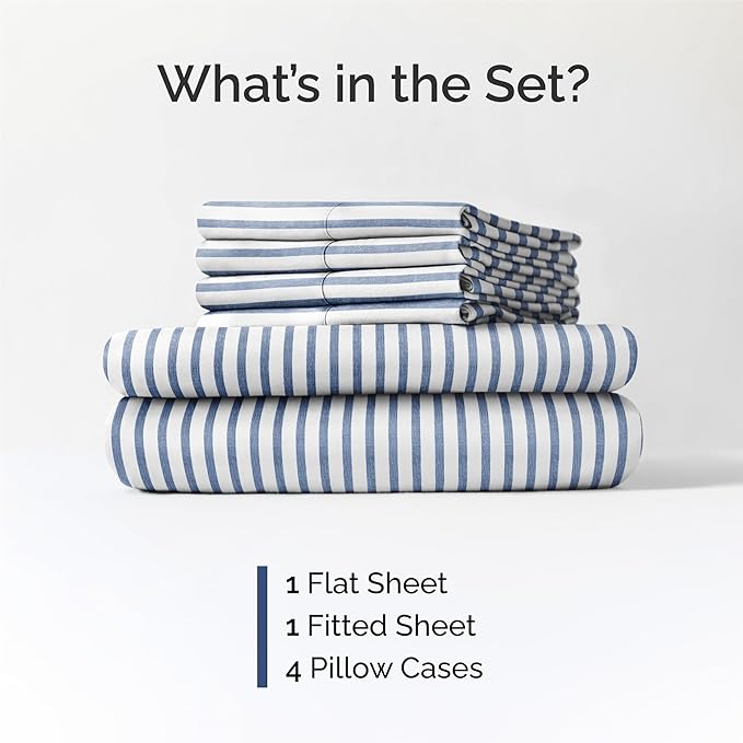 King 6 Piece Sheet Set - Cooling & Breathable Bed Sheets - Hotel Luxury Bed Sheets for Women, Men, Kids & Teens - Bedding w/Deep Pockets & Easy Fit - Soft & Wrinkle Free - King Blue Stripes Sheets