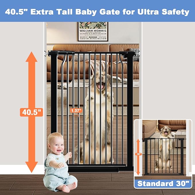 40.5" Extra Tall Baby Gate for Stairs, 40.5"-54.7" Extra Wide Large Dog Pet Gate Indoor, Pressure Mounted Safety First Child Gate Kids, Metal Auto Close Puppy Barrier for Walk Thru, Black