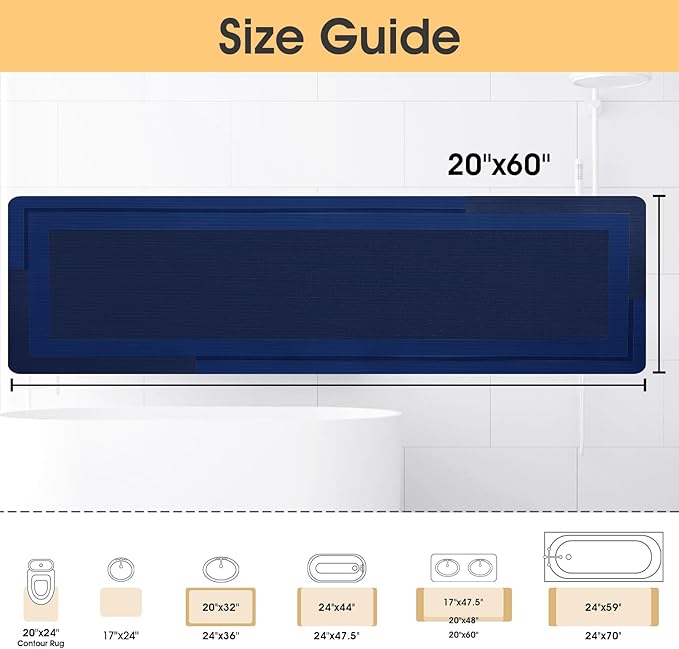 Ultra Thin Bath Mat, Upgrade Backing Non Slip Thin Bath Mats Fit Under Door, Quick Dry Ultra Absorbent Bathroom Rugs, Machine Washable Bath Rugs for Bathroom, Bathtub, Dark Blue/Bordered/59"x20"