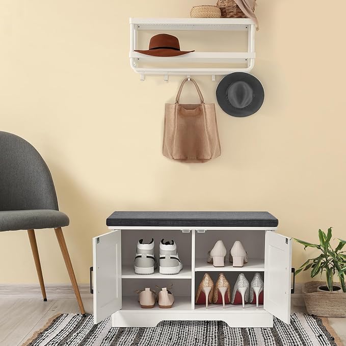 2-Tier Storage Bench, 27.6" Wide Shoe Bench with Padded Seat Cushion, Entryway Bench with 2 Barn Doors and Adjustable Shelf, White