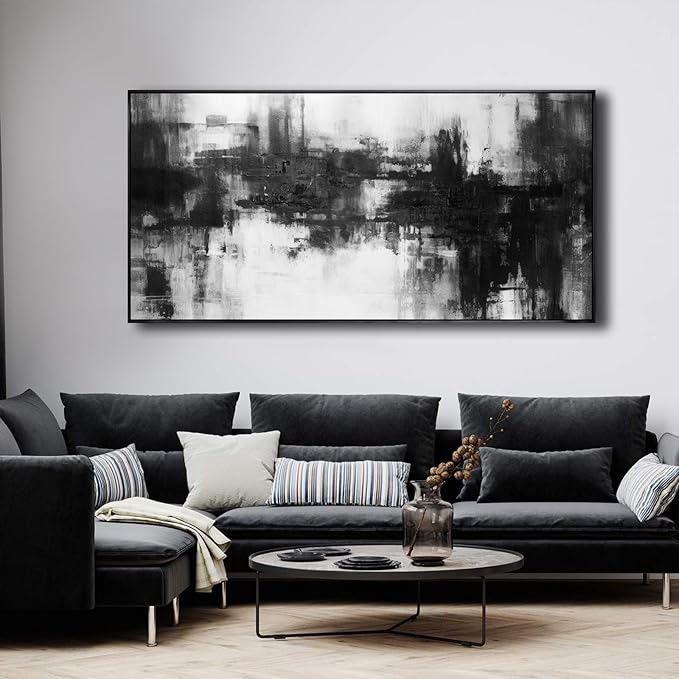 Abstract Wall Art Large Size Framed Home Artwork Decor Black and White Modern Minimalist Canvas Painting Living Room Decor for Bedroom Office Wall Decor 29"x58"