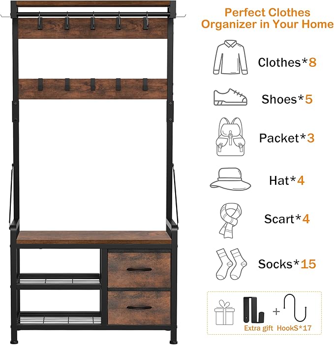 Lulive Hall Tree, 31.5” Entryway Bench with Coat Rack freestanding, 5 in 1 Intelligent Design Shoe Bench and Wall Rack 17 Hooks and Drawers (Rustic Brown)