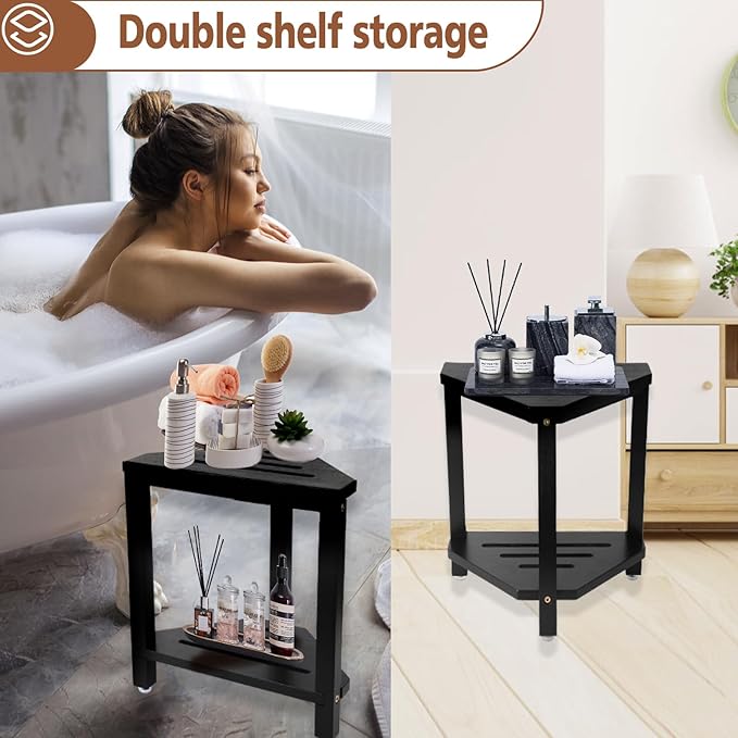IBosins 16in Shower Foot Rest Corner Shower Stool for Shaving Legs with Storage Shelf Small Bench for Inside Shower to Sit on Bath Seat - Acacia Wood，Black