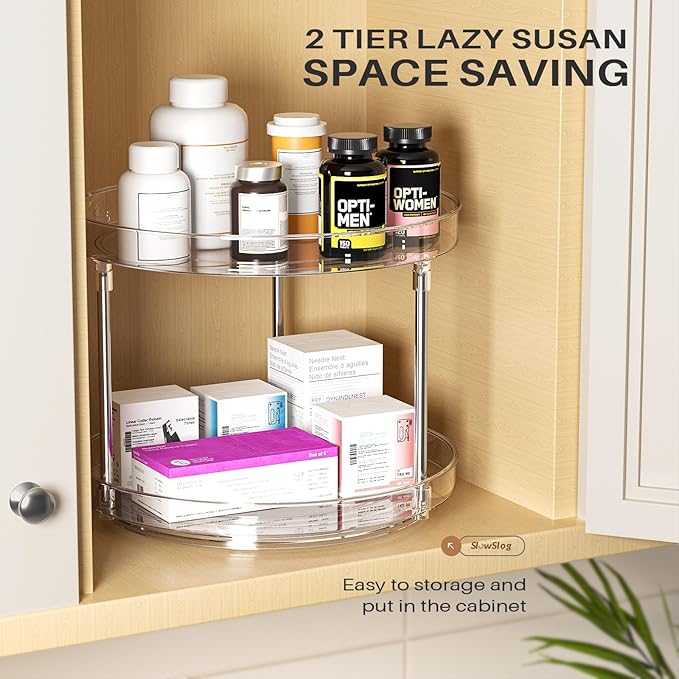 2 Pack 10.6-Inch 2 Tier Lazy Susan Organizer, 360 Degree Rotating Clear Turntable for Cabinet, Makeup and Perfume Organizer for Vanity, Kitchen, and Bathroom Counter Tray