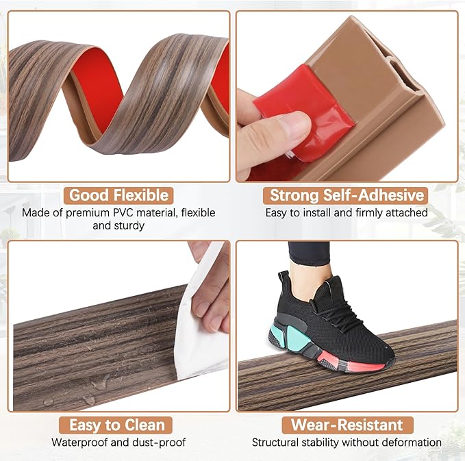 Vinyl Door Threshold Flooring Transition Strip Self Adhesive Carpet Edging Strip for Laminate Doorway Edge Threshold from 2/5" to 3/5" (Grayish Brown Wood Grain, 10 Ft)
